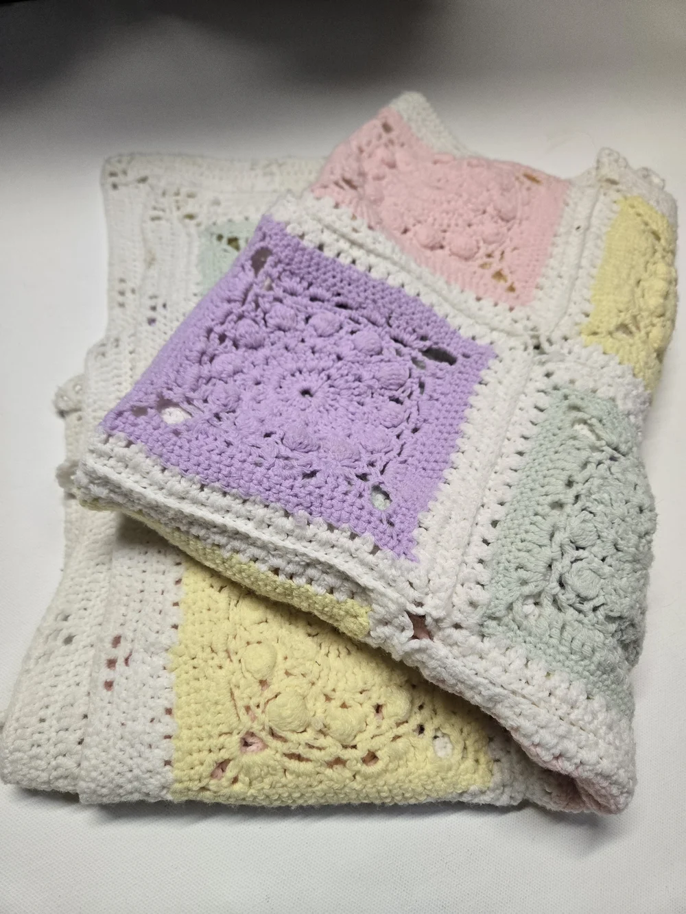 Handmade Crochet Mini Blanket in Pastel Lavender, Pink, Yellow & Mint Green